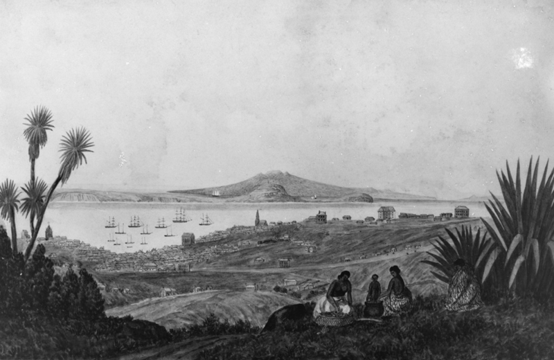 Looking North over Auckland city, 1840's.Sir George Grey Special Collections, Auckland Libraries.