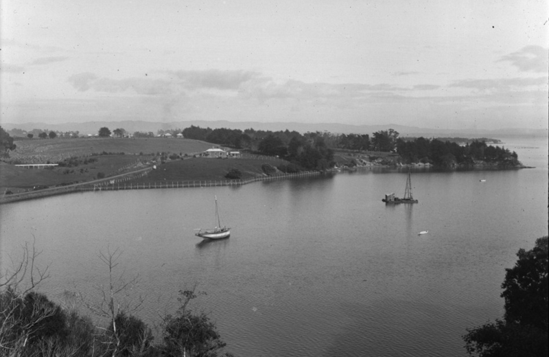 Looking south west from Herne Bay towards the West End Estate, showing Cox's Bay (foreground) 1916. Sir George Grey Special Collections, Auckland Libraries.